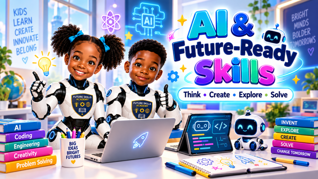 Nova and Jett teaching AI and future-ready skills through creativity, coding, problem-solving, and responsible technology use