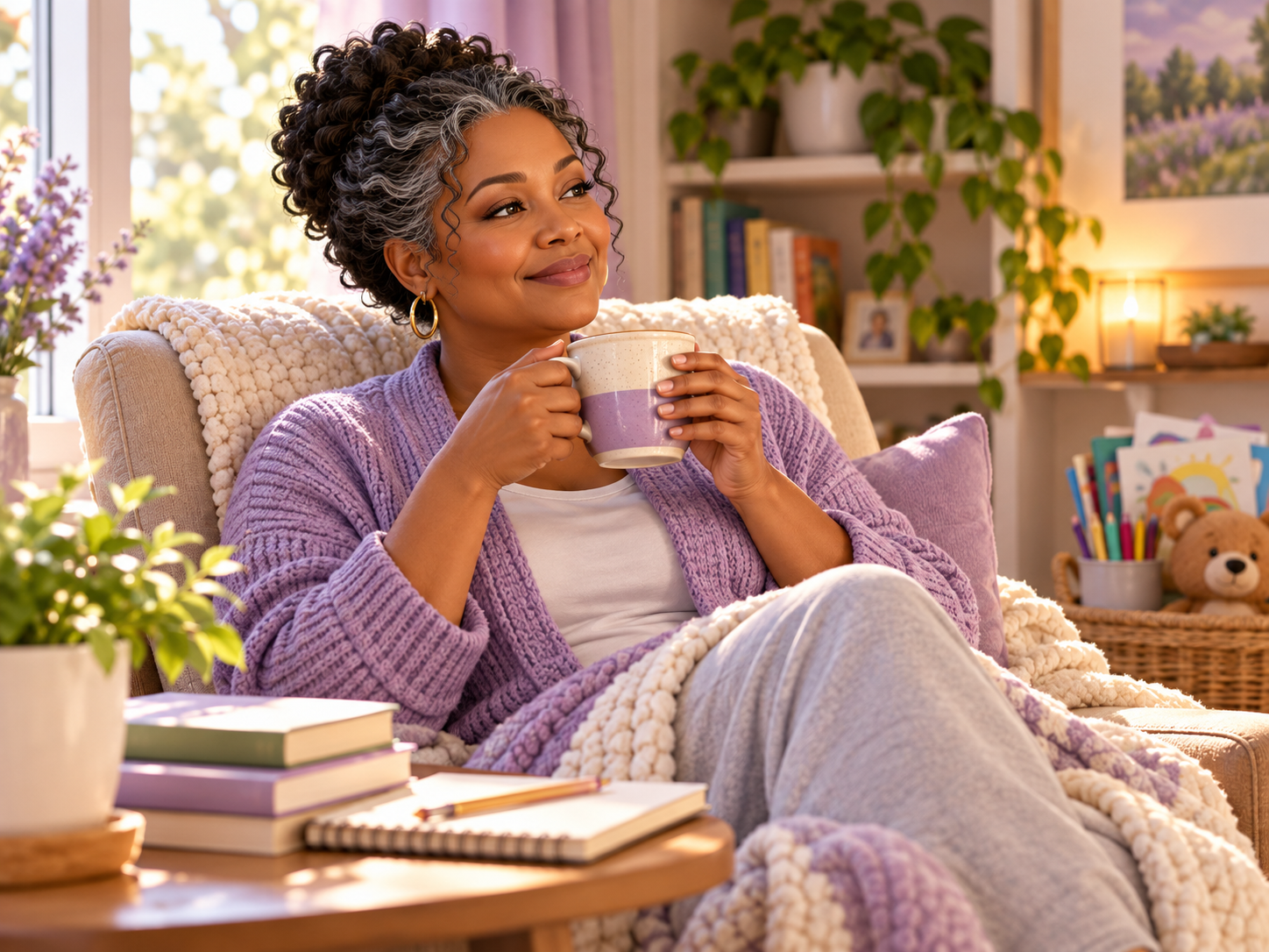 Linda enjoying a quiet moment with a cup of coffee